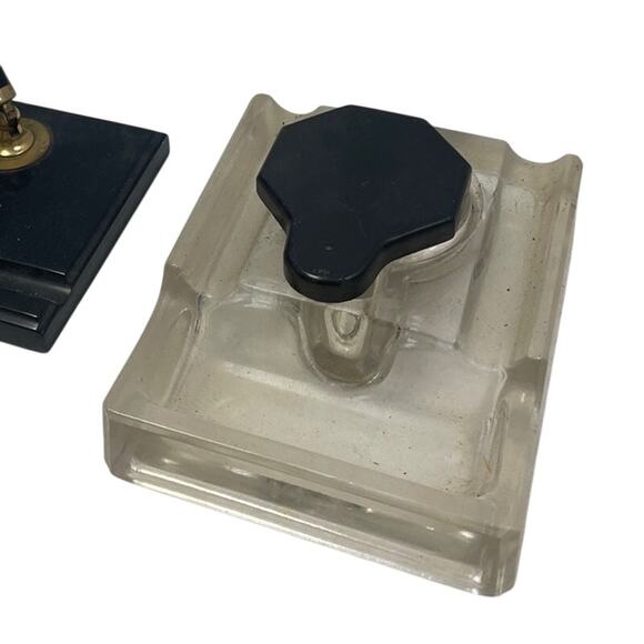 Vintage Sheaffers Black Fountain Pen Glass Base Inkwell Desk Stand Writing Set - Picture 2 of 8